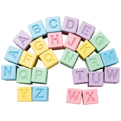 Colorful pastel alphabet learning blocks arranged in a playful arc shape