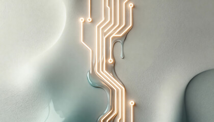 Neon circuit lines flowing like liquid over abstract surface, surreal calm tone, minimal contrast, vertical wallpaper