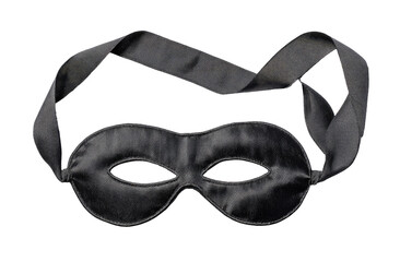 A black satin eye mask with wide ribbon straps, laid flat