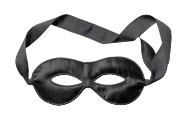 A black satin eye mask with wide ribbon straps, laid flat