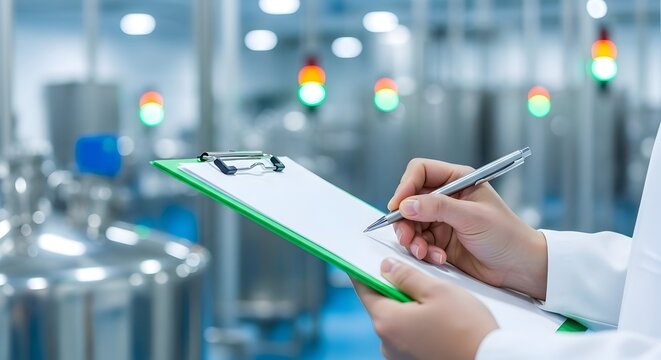World Quality Day Quality control expert in a white lab coat meticulously records data on a clipboard during an inspection of a modern production facility
