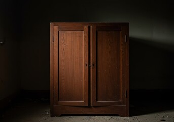 Abandoned vintage wooden cabinet closed tightly in a dusty, dimly lit interior space, emphasizing deep isolation and forgotten history, empty, closed, minimalism