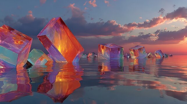 Abstract rendering of iridescent crystal formations floating on water during sunset