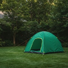 Green nylon tent pitched in a residential backyard lawn surrounded by lush trees, suggesting a peaceful staycation or outdoor family fun ,day ,forest ,nylon