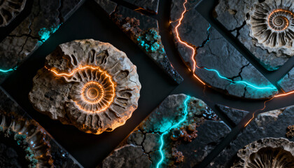3D wallpaper, glowing fossil forms emerging from darkness, mix of neon veins and stone texture, surreal elegance