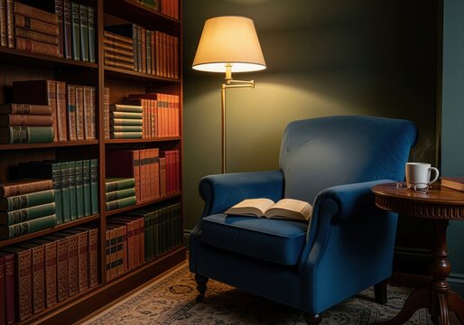 Luxurious blue velvet armchair in a cozy library reading nook with bookshelf and lamp - Powered by Adobe