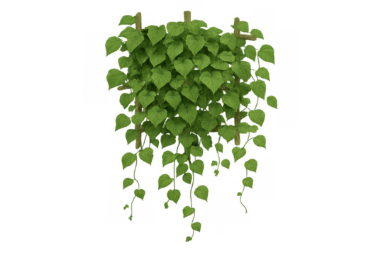 Lush green ivy vine with heart-shaped leaves climbing wooden trellis frame, creating natural garden wall decor on transparent background