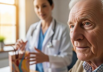 Obraz premium Close up of senior man listening to his doctor during a medical consultation and checkup.