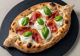 Rustic oval neapolitan style pizza topped with prosciutto, burrata, and fresh basil