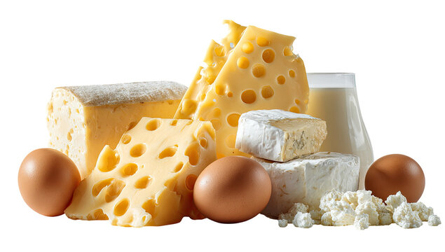 Assorted cheeses and eggs, dairy display - Powered by Adobe