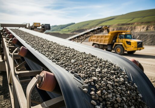 Active industrial conveyor belt transporting gravel aggregate in a large quarry