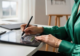 Woman designer sketching architectural building plans on a modern digital tablet