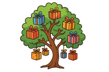 Fototapeta premium Gift tree growing presents and celebration boxes, illustrating concepts of giving and abundance