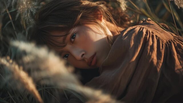 女性がすすきに横たわる夕方の光に包まれて
