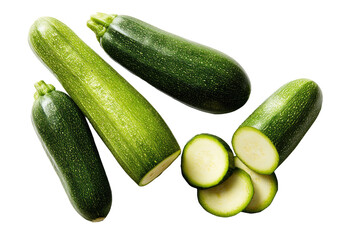 Fresh zucchini, whole and sliced, vibrant green, displayed in an assortment