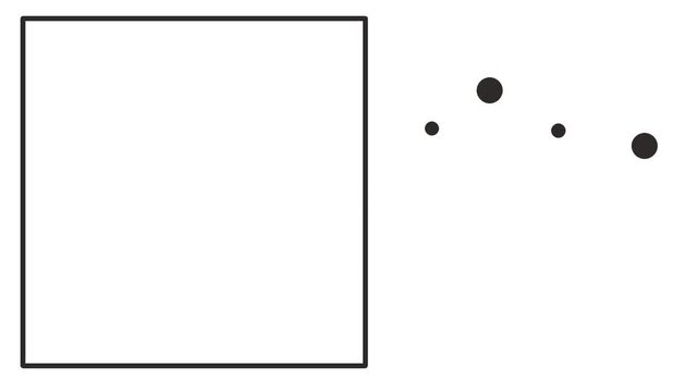 Dots or atoms run up and down next to the frame.