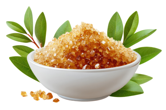 Light-brown sugar crystals in a white bowl, surrounded by vibrant green leaves.  A scattering of amber-colored sugar crystals is visible beneath the bowl