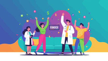 Happy medical team celebrates successful funding and investment achievement with great enthusiasm