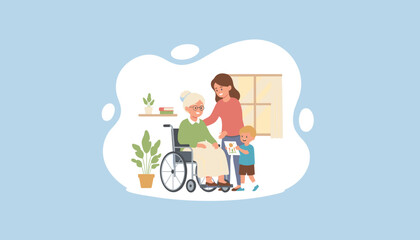 Three generations showing support grandmother in wheelchair daughter and grandson sharing love and art