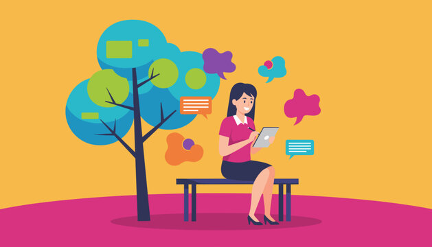 Smiling woman using digital tablet and stylus on a park bench Remote communication and technology