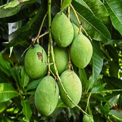 Lush mangoes hanging amongst vibrant green foliage