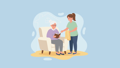 Caregiver providing assistance and companionship to elderly woman reading at home