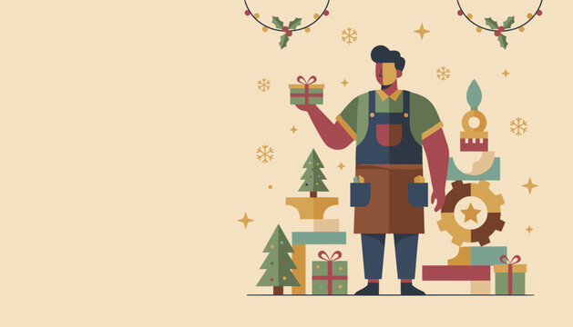 Craftsman holding a Christmas gift next to holiday decorations Festive maker theme with copy space