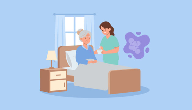 Caregiver supports elderly woman in bed illustrating health memory and dementia awareness - Powered by Adobe