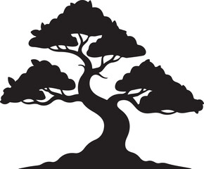 Silhouette of a stylized bonsai tree with spreading branches and dense foliage plant nature