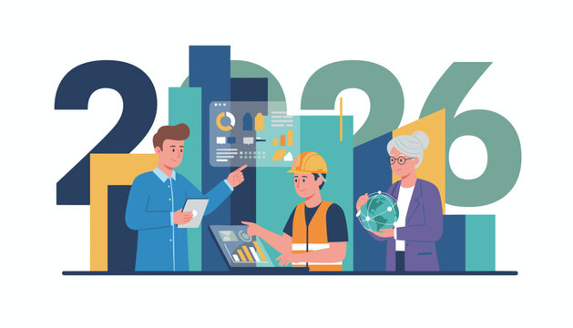 Multigenerational team plans 2026 goals construction tech and global business strategy