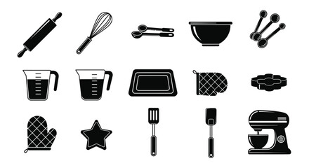 Essential baking tools and utensils arranged in a simple black and white design