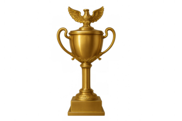 Golden trophy cup with an eagle topper, symbolizing victory, achievement, and success on transparent background