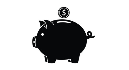 Black silhouette of a piggy bank receiving a single dollar coin