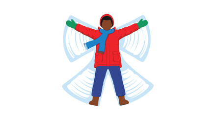 A child dressed in winter clothes pretends to be an angel