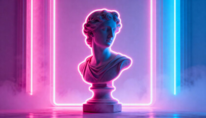 Neon futuristic wallpaper with classical sculpture silhouette, retro tones, soft light, elegant surreal vibe,