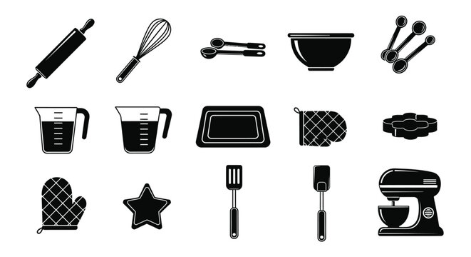 Essential baking tools and utensils arranged in a simple black and white design