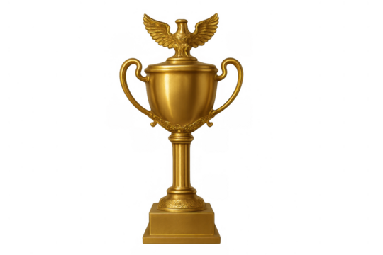 Golden trophy cup with an eagle topper, symbolizing victory, achievement, and success on transparent background - Powered by Adobe