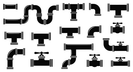Black and white illustration showcasing various plumbing pipe fittings and valves