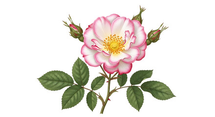 Detailed botanical illustration of a vibrant pink and white rose with buds.