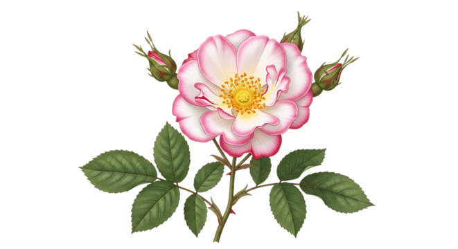 Detailed botanical illustration of a vibrant pink and white rose with buds.