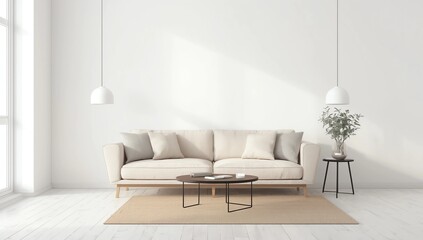 Minimal concept. interior of living beige fabric sofa, wooden table, ceiling lamp and frame on wooden floor and white wall