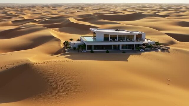 A modern white villa with a pool sits amid vast desert dunes, palm trees dot the landscape