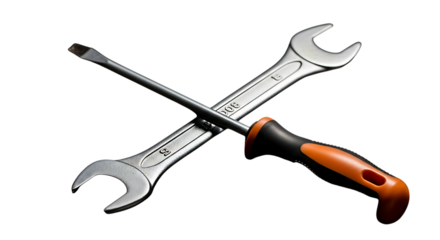 Crossing metallic wrench and screwdriver, essential repair tools