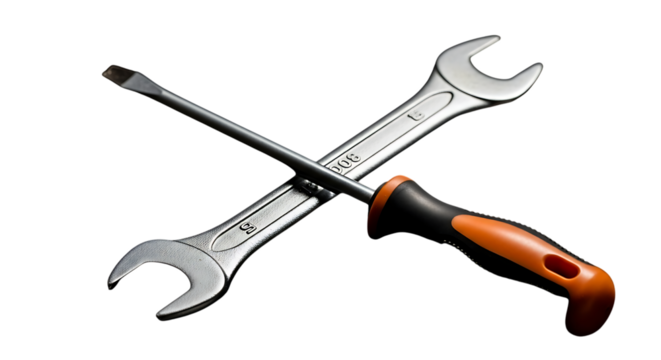 Crossing metallic wrench and screwdriver, essential repair tools - Powered by Adobe