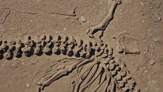Fossilized dinosaur skeleton embedded in dusty earth, bones and ribs visible
