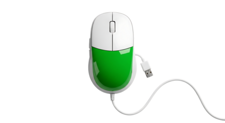 White and green wired computer mouse with usb cable isolated