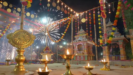 decorative design template poster for the traditional festival of lights  featuring celebratory fireworks  firecrackers  and an ornate ceremonial lamp against a colorful