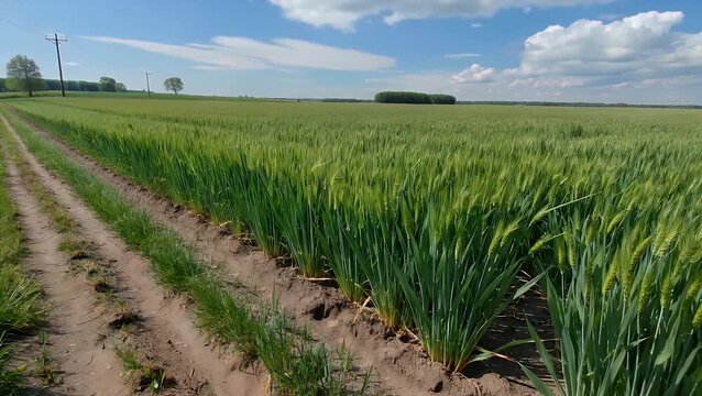 Vividly Green Field of Young Wheat Plants Under the Bright Light of a Sunny Day During the Agricultural Season of