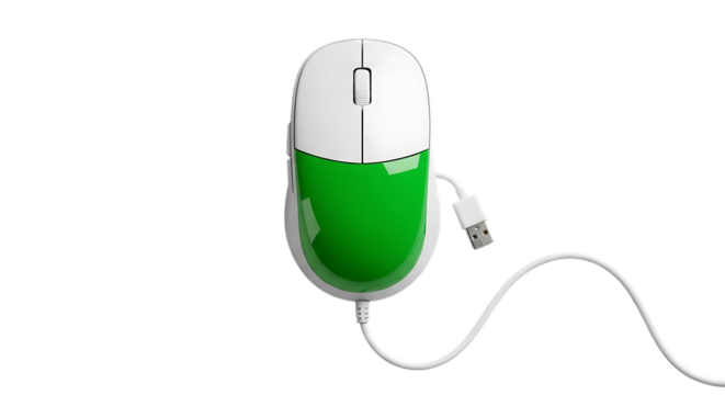 White and green wired computer mouse with usb cable isolated