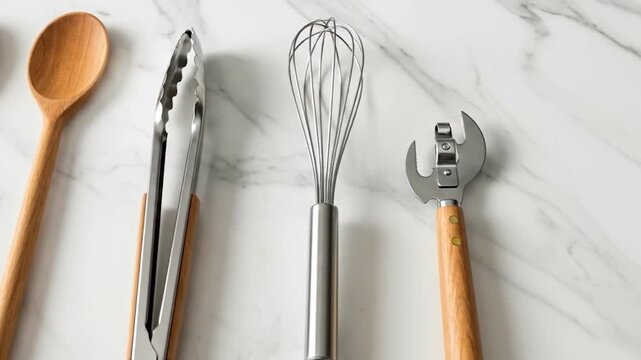 Kitchen utensils cooking tools organized on marble surface top view